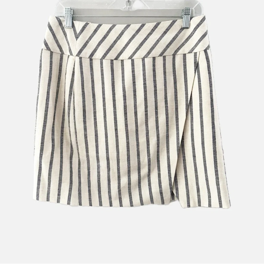 J.Crew Linen Pinstriped Pencil Grey White Mini Skirt Wrap Size 4 Academia Preppy